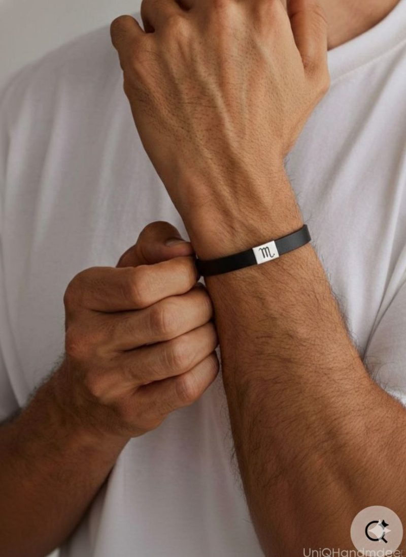 دستبند چرم مردانه و زنانه شیک با پلاک نقره مناسب استایل رسمی